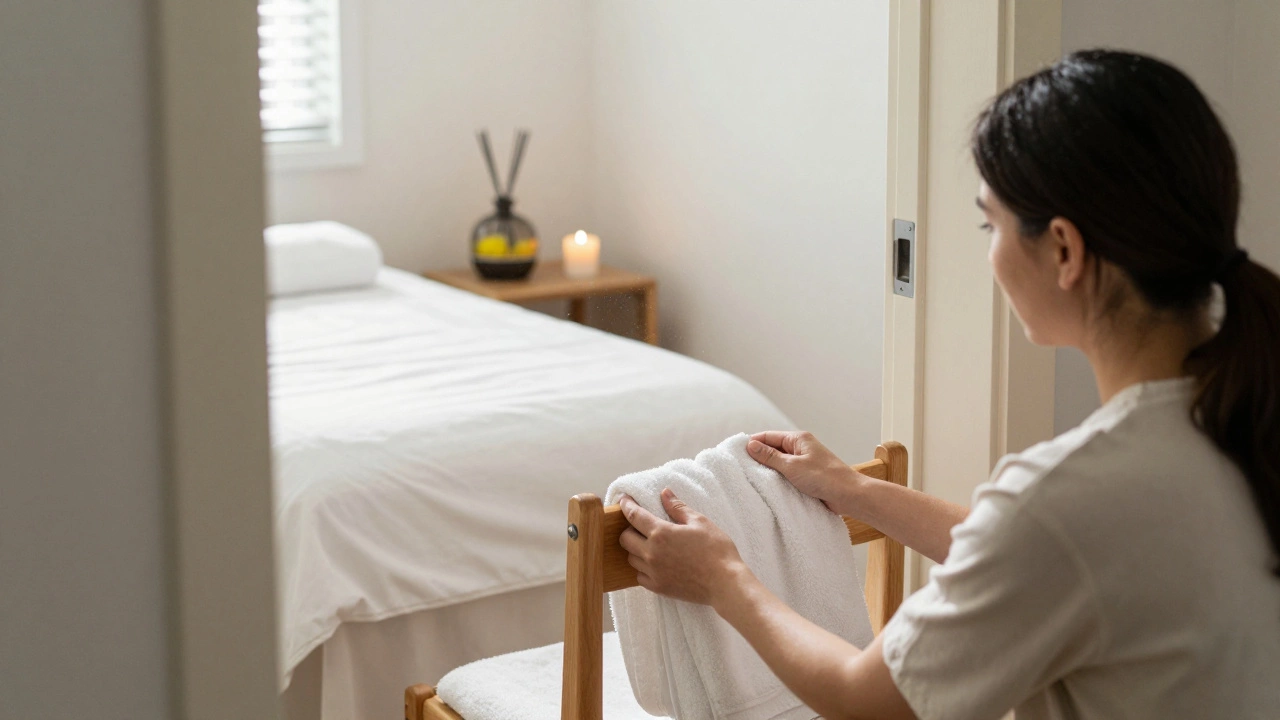 A client gently reaching for a fresh towel in a tidy, softly lit space.