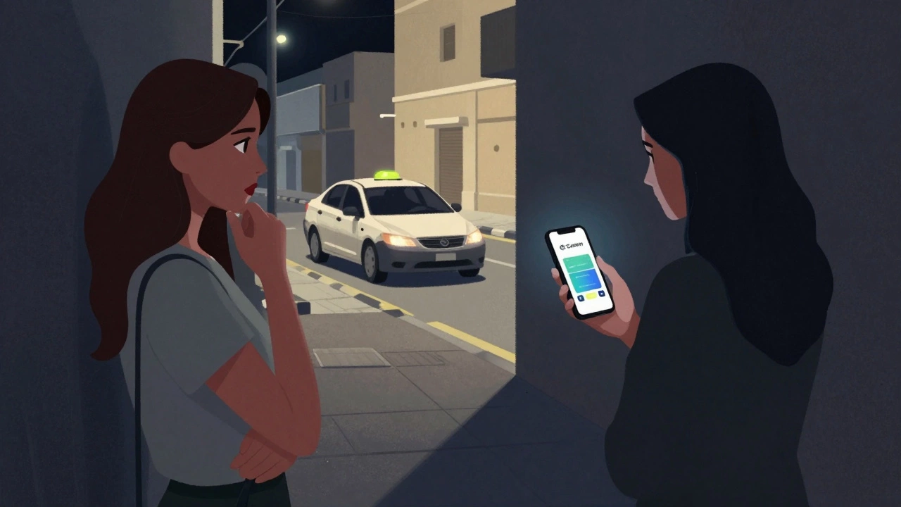 A woman choosing to wait for a licensed ride instead of entering a dark alley at night in Dubai.