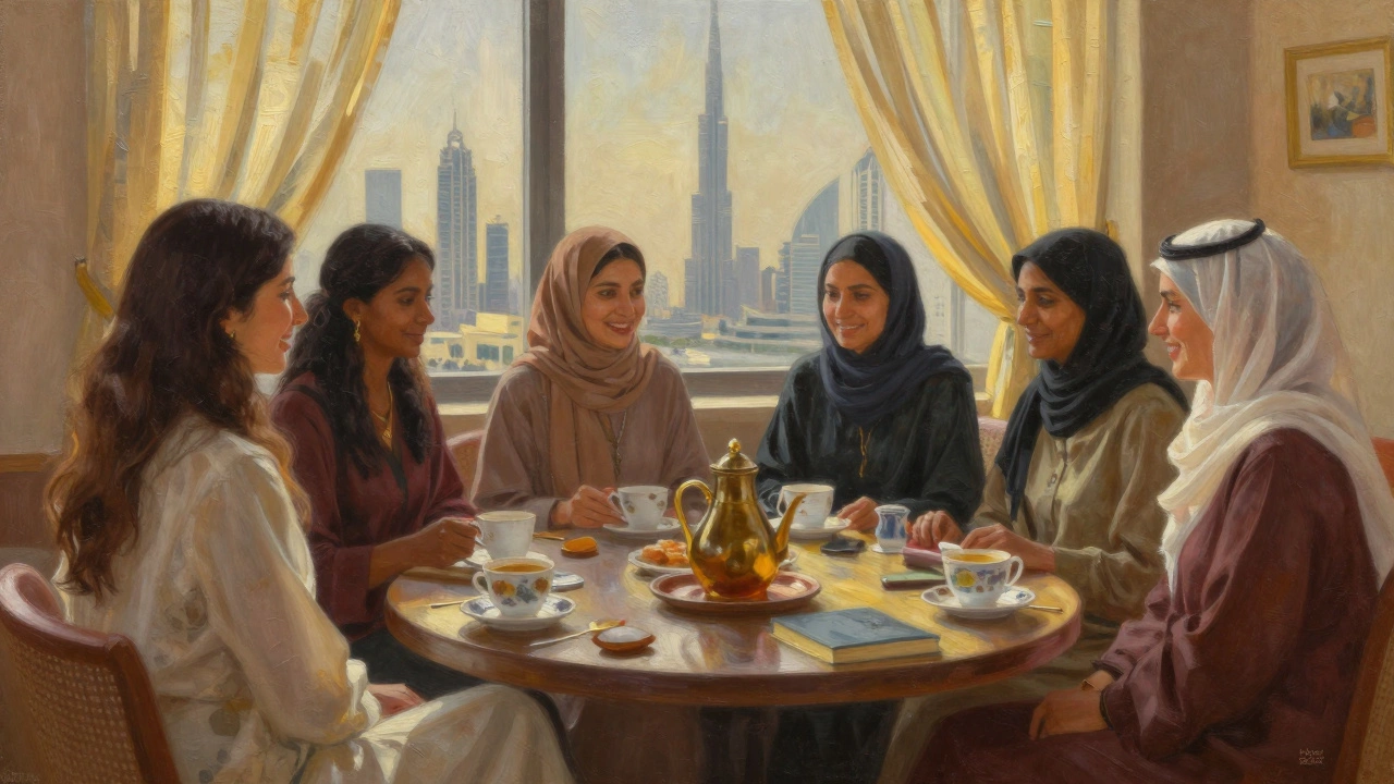 A woman enjoying a book club with diverse women in Dubai, golden light streaming through windows.