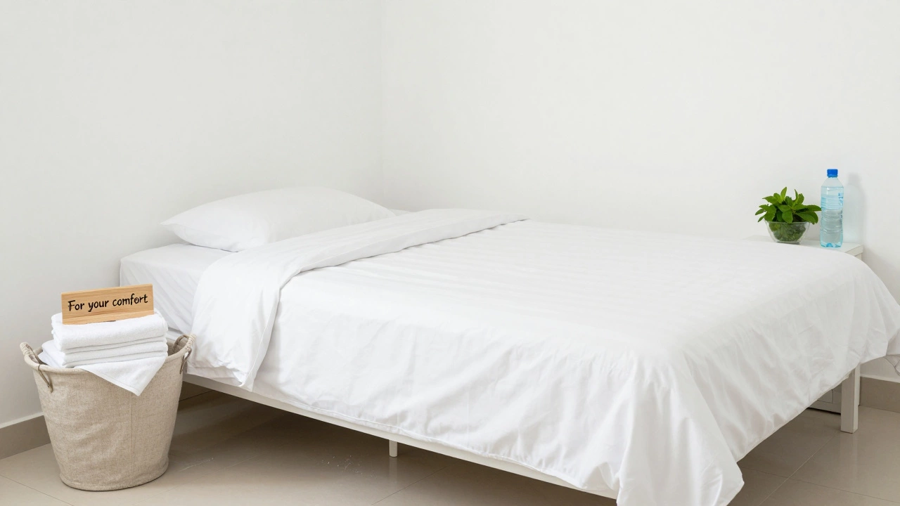 An immaculate room with fresh linens and a subtle sign offering comfort and cleanliness.